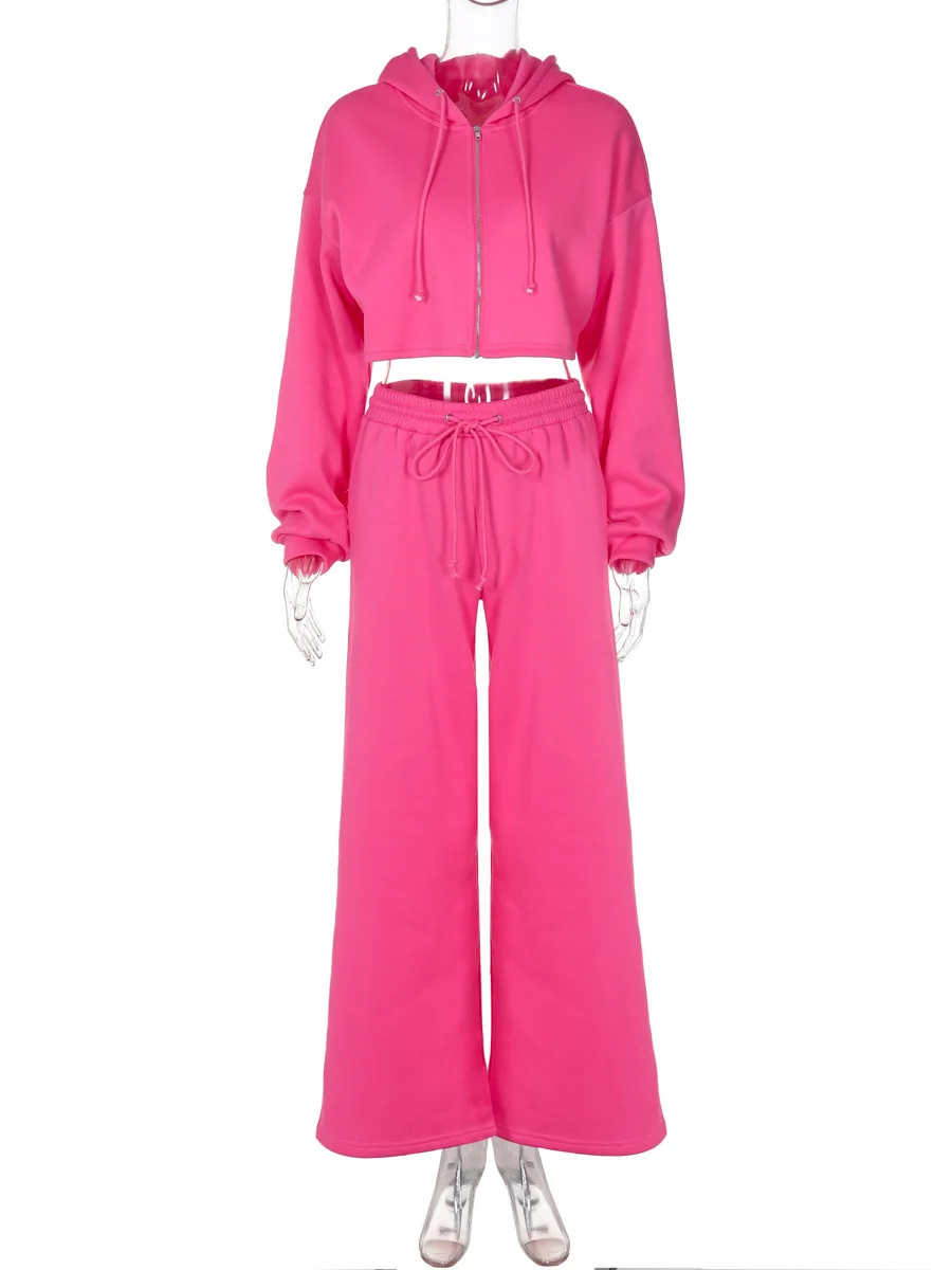 レディースカジュアルロングスリーブジッパーフーディクロップトップ＆パンツセット新作秋冬ファッション衣装サーマルポリエステル繊維