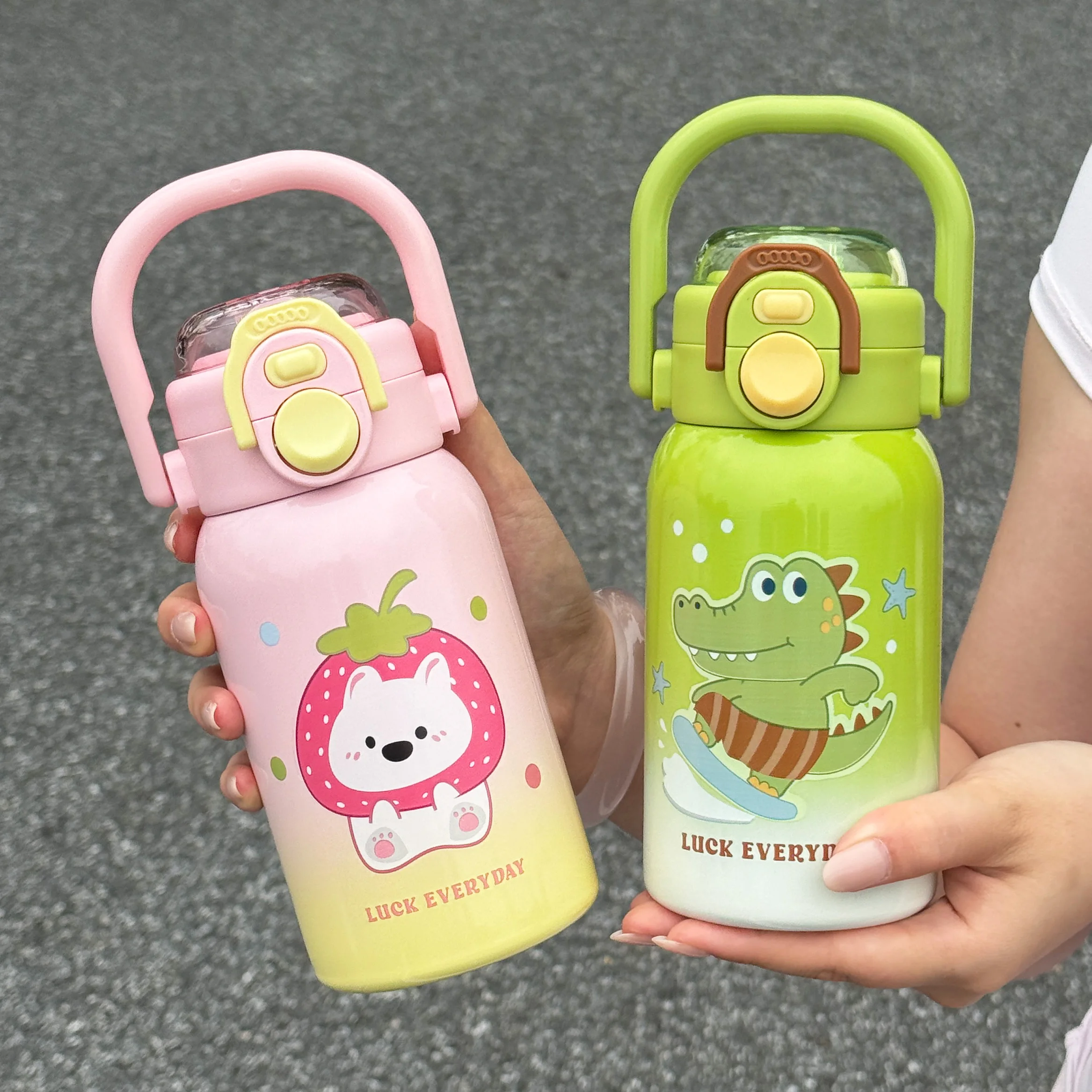 1pc Cartoon Insulated Water Bottle, 500ml Dual Drink Thermos with Sleeve & Carry Handle, Portable Sports Thermal Cup