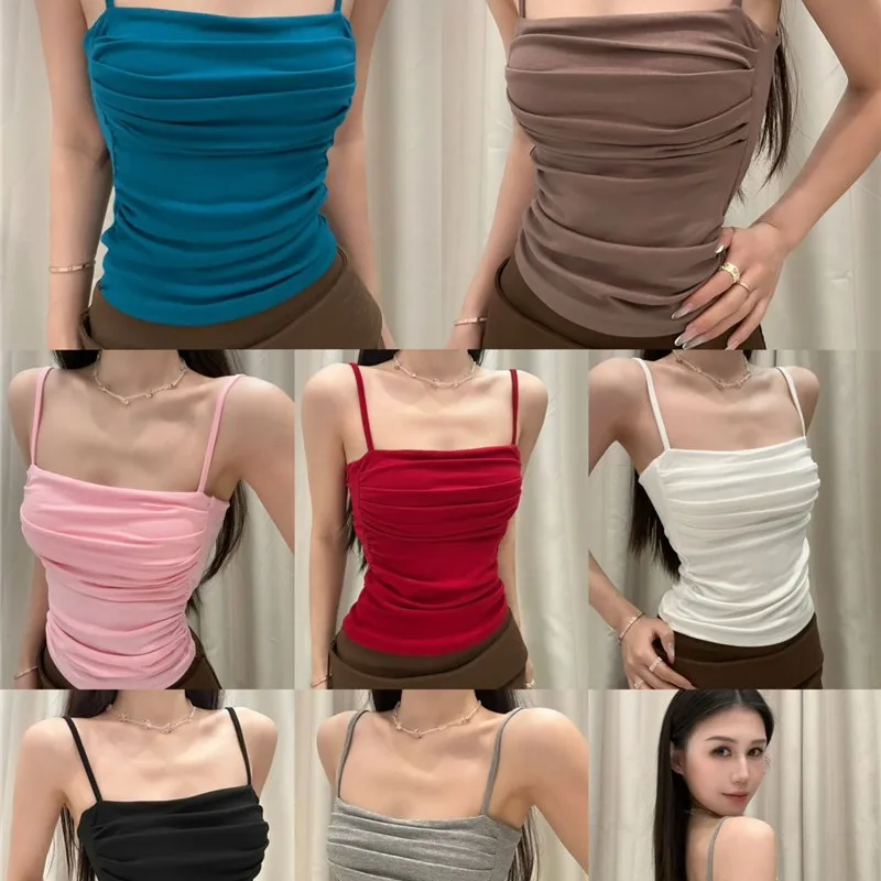 Spring Summer New Pure Desire Short Fit Women's Vest Square Collar Built-in Chest Pad Strap Design Sense Pleated Cotton Blend