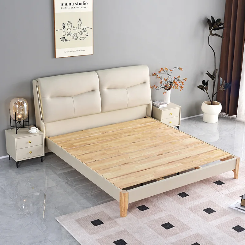 Modern simple double bed, solid wood bed master bedroom, storage, small apartment soft bag light luxury