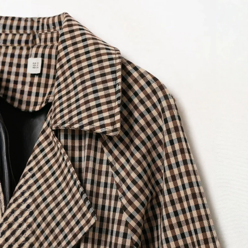 QICHE Women's Trench Coat Women's Outerwear French Lapel Retro Small Houndstooth Women Trench Coat