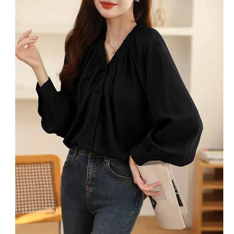 Women\'s Clothing French Style Solid V-neck Shirts Spring Summer Casual Loose Long Sleeve Button Blouses Chic All-match Tops