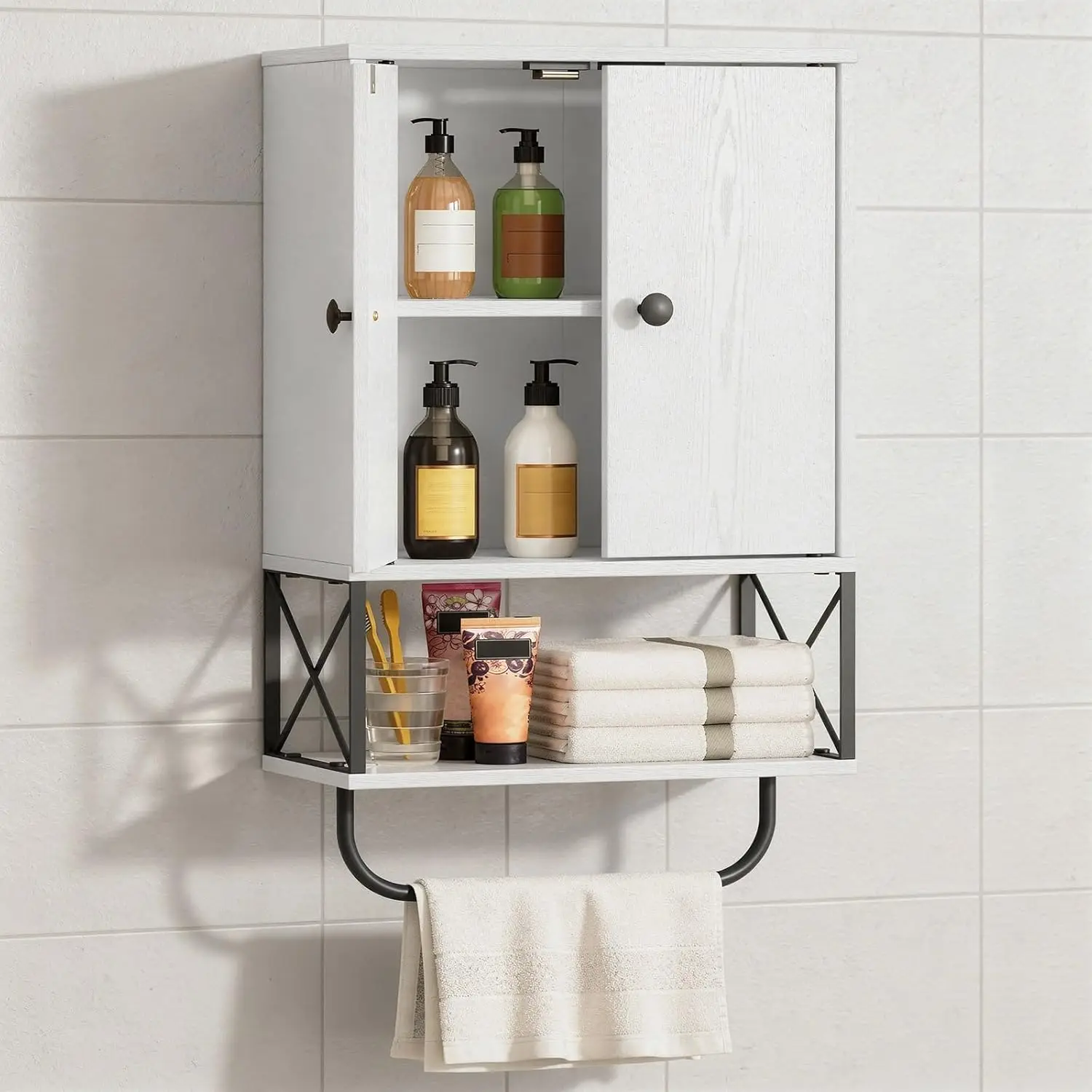 

Farmhouse Bathroom Wall Cabinet with Adjustable Shelf, Towel Rack, and 3-Tier Storage Over Toilet in White