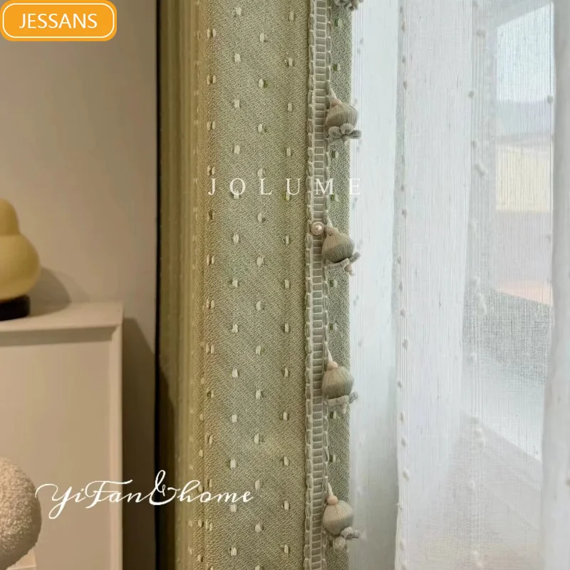 Matcha Green Three-dimensional Dot Jacquard Chenille Curtains for Living Room Bedroom French Window Customized Products