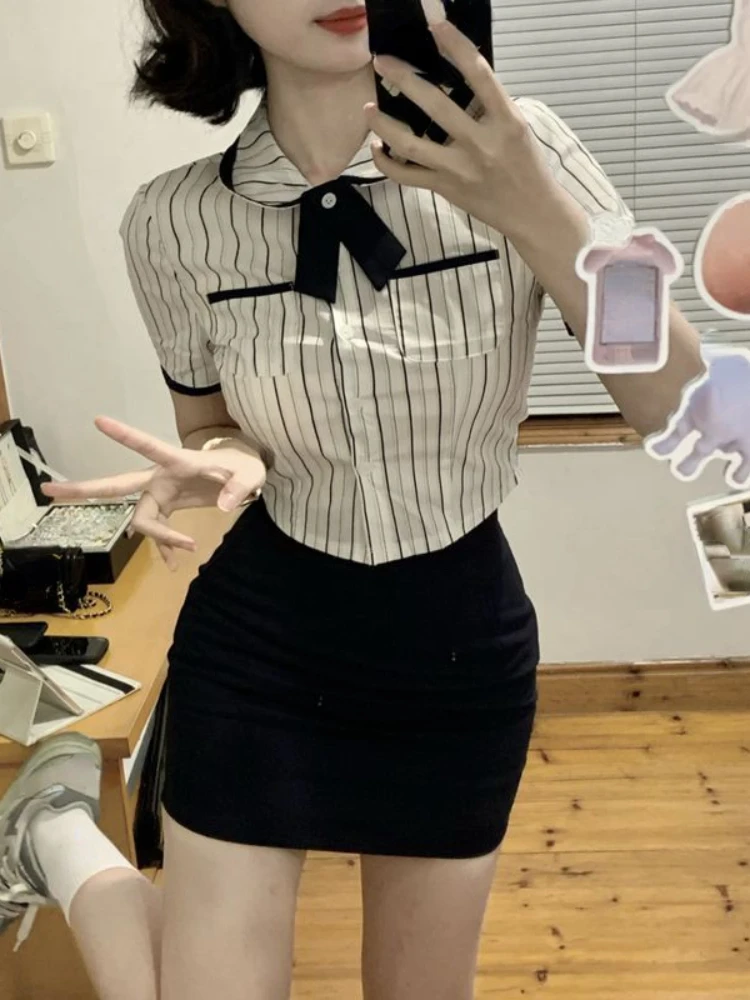 2024 Spring Elegant Slim 2 Piece Set Women Evening Party Y2k Crop Top + Office Lady Casual Outwear Mini Skirt Korean Fashion