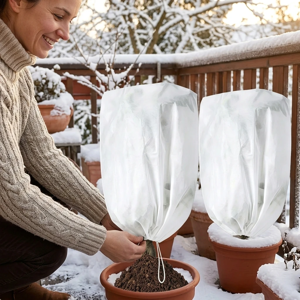 Plant Frost Protect Cover Thick Non Woven Fabric Winter Warmth Wrap Drawstring Design for Garden Potted Plants Durable