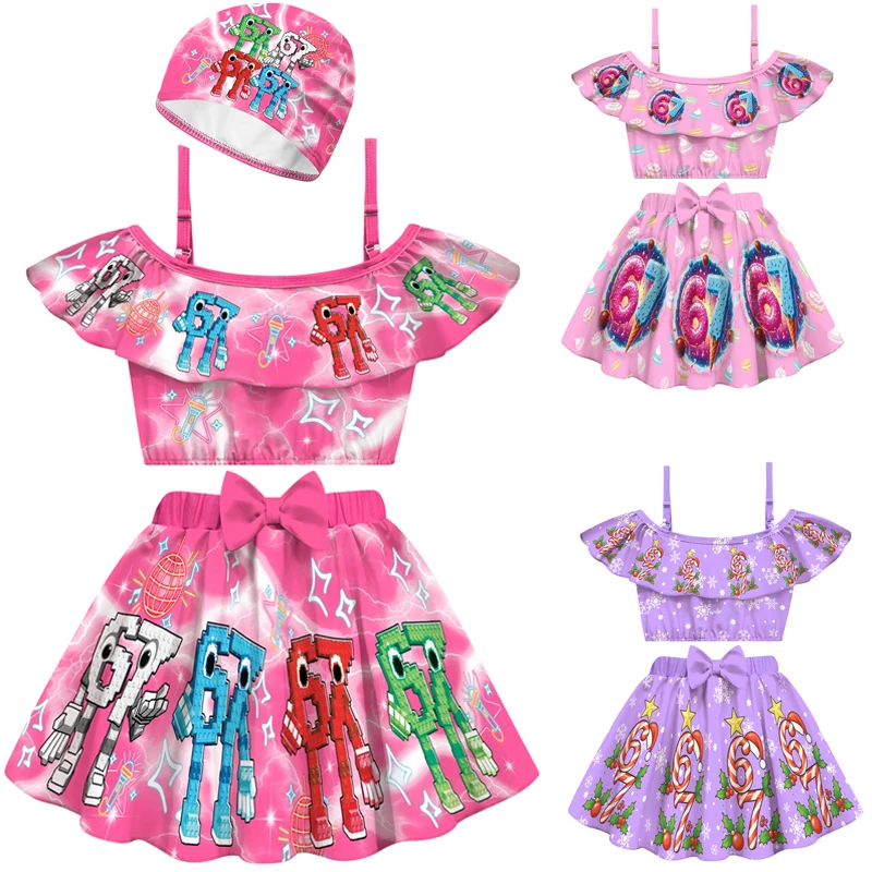 Summer New Steal a Brainrot Kids Swimsuit Girls Vacation Outfits Kids Sling Ruffles Bikini Set Children Print Swimwear Set