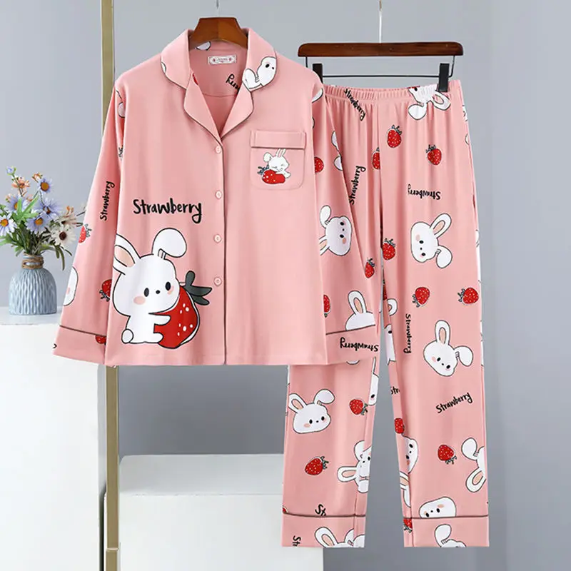 Conjunto de pijama de manga larga para mujer, ropa de dormir informal de dibujos animados, de talla grande, 100,00 kg, para primavera y otoño