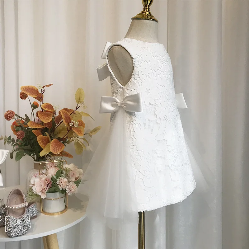 Vestido de encaje blanco para niña, tutú de princesa con lazo, vestido de flores para boda, vestido de baile sin mangas para bebé, vestido de fiesta de cumpleaños infantil