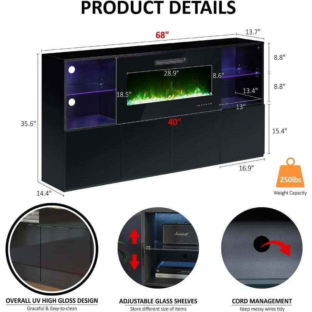 Fireplace TV Stand, Modern High Gloss Entertainment Center with 40