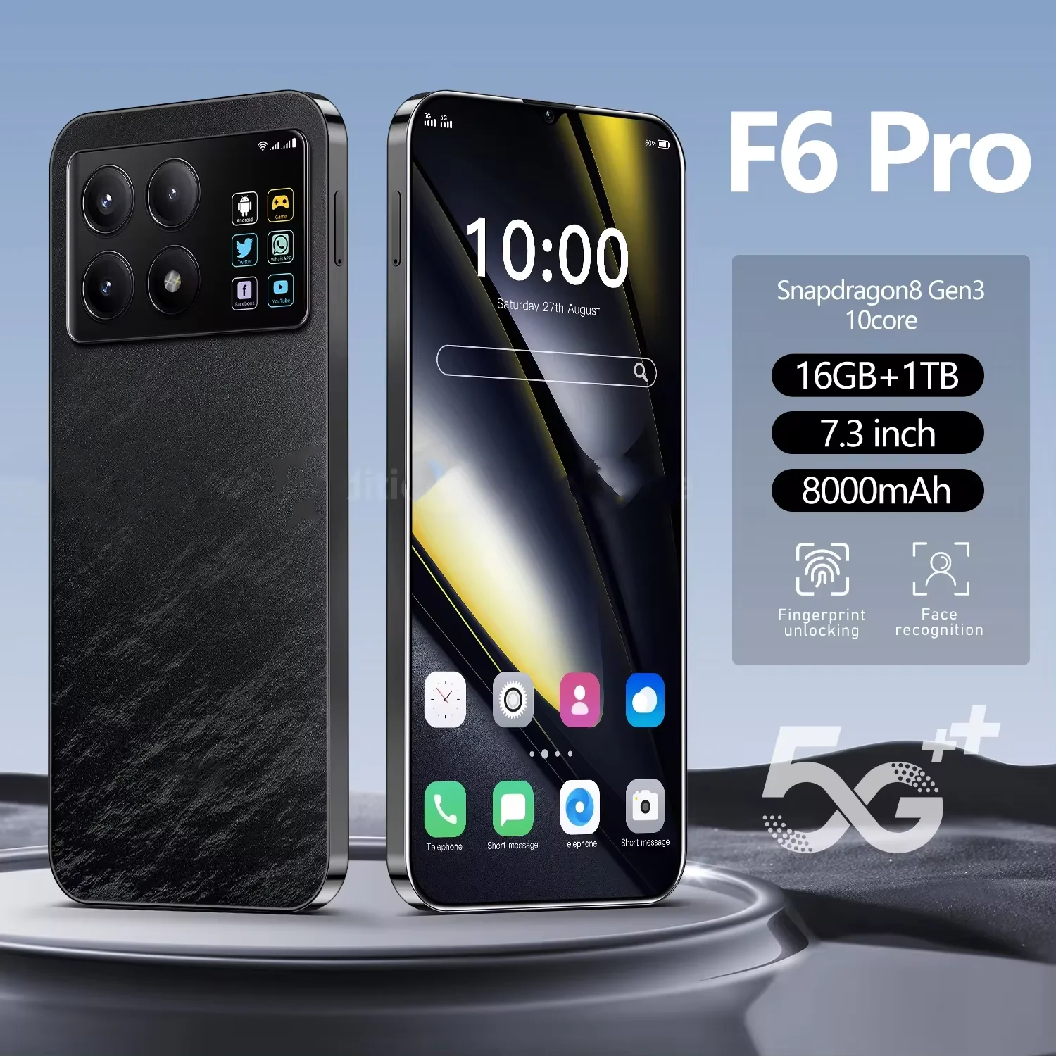 F6 Pro 5G Global Version 7.3HD Screen 16G + 1T 7000Mah Android14 Cellulare Dual Sim Face Unlocked Mobile Phone 108MP Cell Phone