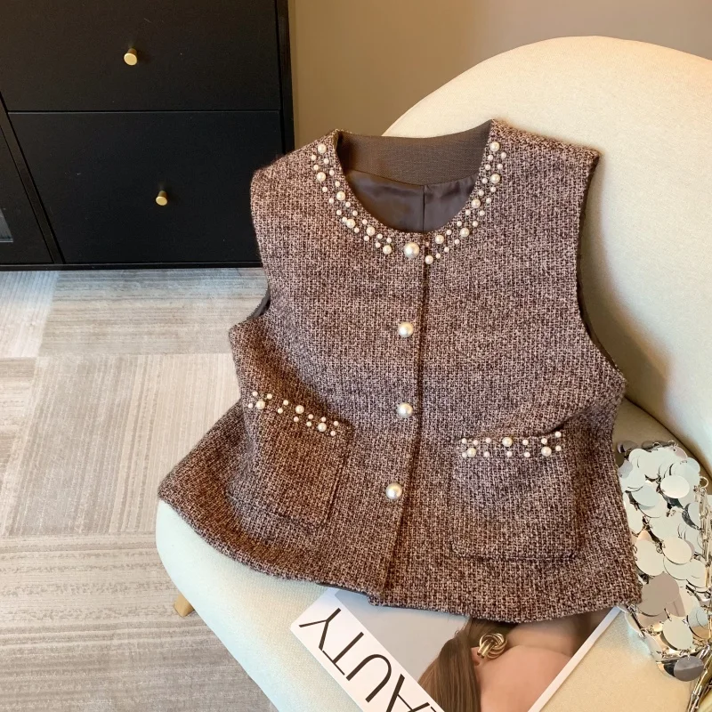 

Fragrant Wind Bead Vest Jacket Women's Autumn Winter Advanced Sense Chic Outer Wear Top