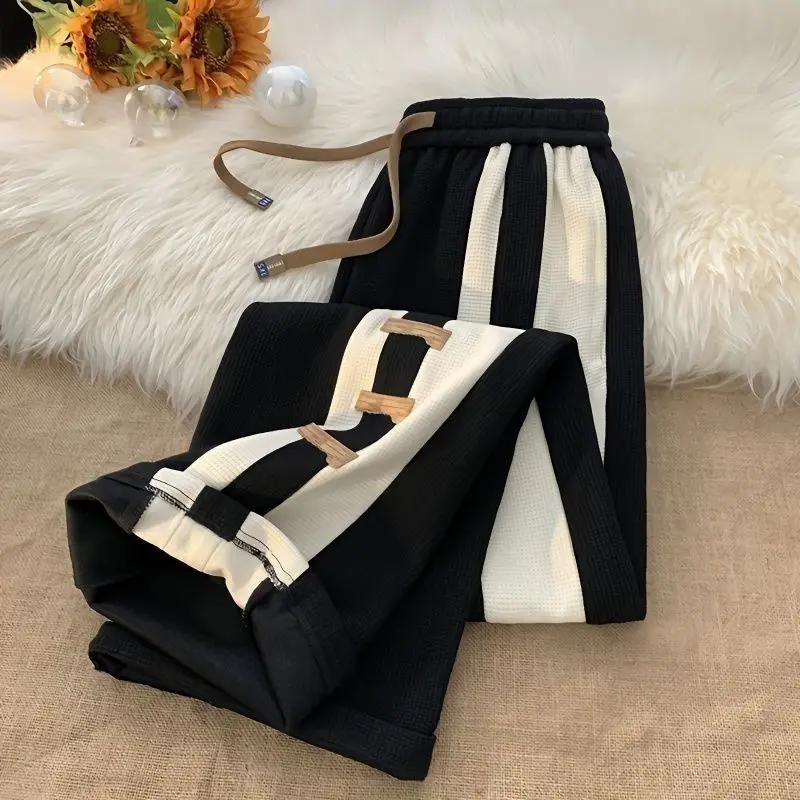 

2023 New Spring and Autumn Fashion Loose Fit Casual High Waist Lace Up Slim Straight Leg Wide Leg Sports Waffle Guard Pants