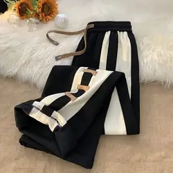 2023 New Spring and Autumn Fashion Loose Fit Casual High Waist Lace Up Slim Straight Leg Wide Leg Sports Waffle Guard Pants