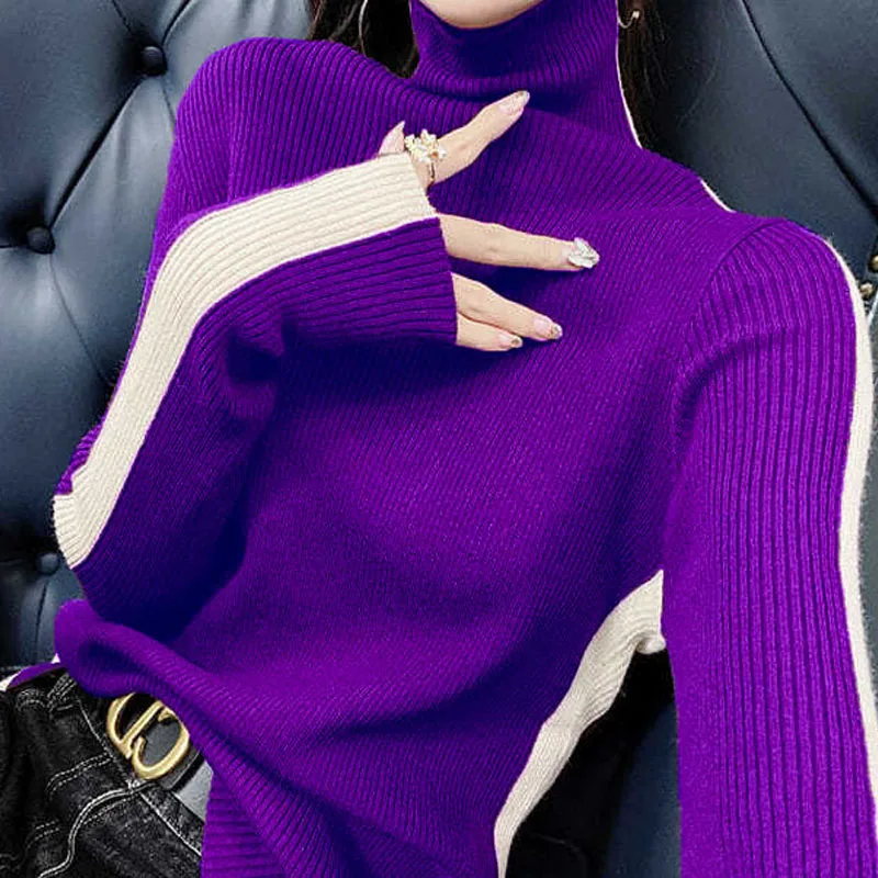 Autumn Winter Solid Color Patchwork Trend Turtleneck Sweaters Women\'s Clothing 2023 Fashion Slim Long Sleeve Pullovers Knitted