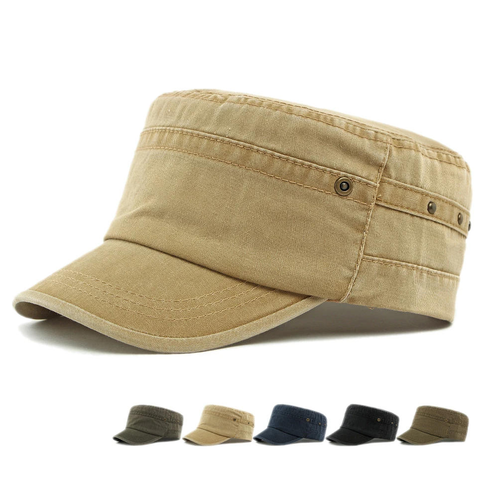 Mistdawn Men Women Cotton Washed Flat Top Hat Military Army Cap Adjustable Sun Protection Outdoor Casual Hip Hop Cap