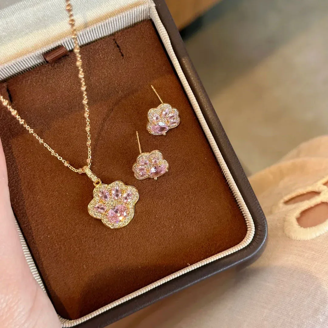 Fresh cutecore cute necklace accessory combination earrings for women high-end pink diamonds cat scratch fashion jewelry sets