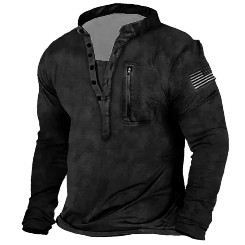 

Large Size Men's Vintage Black Sweatshirt Zip Pocket Long Sleeve American Flag Embroidery Henley Shirt Casual Daily Clothing