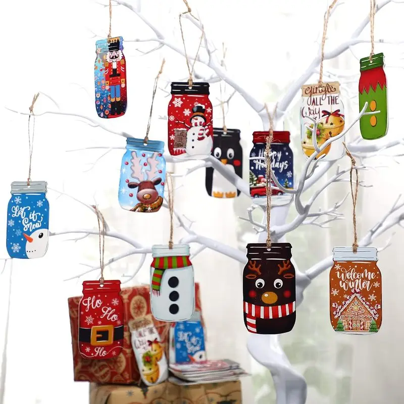 Christmas Tree Ornaments Wooden Mason Jar Shaped Hanging Slices Vintage Winter Decor With Snowman Elk Nutcracker Patterns