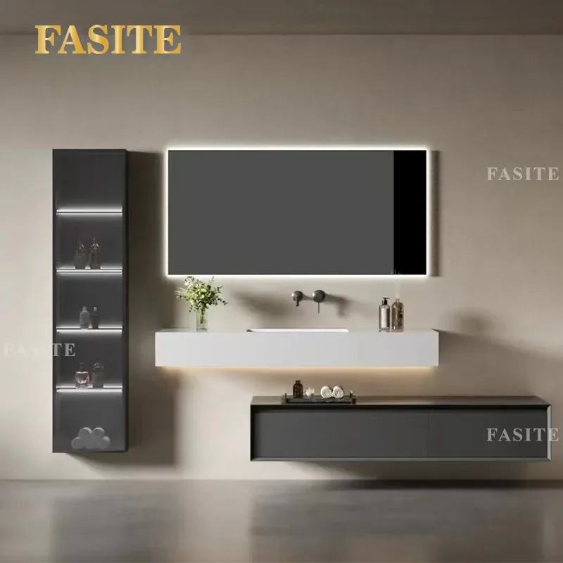 For Hotel Bathroom Wall Mounted Cabinet Large Side Storage Rock Slab Ceramic Integrated Basin Vanity Unit Modern Waterproof