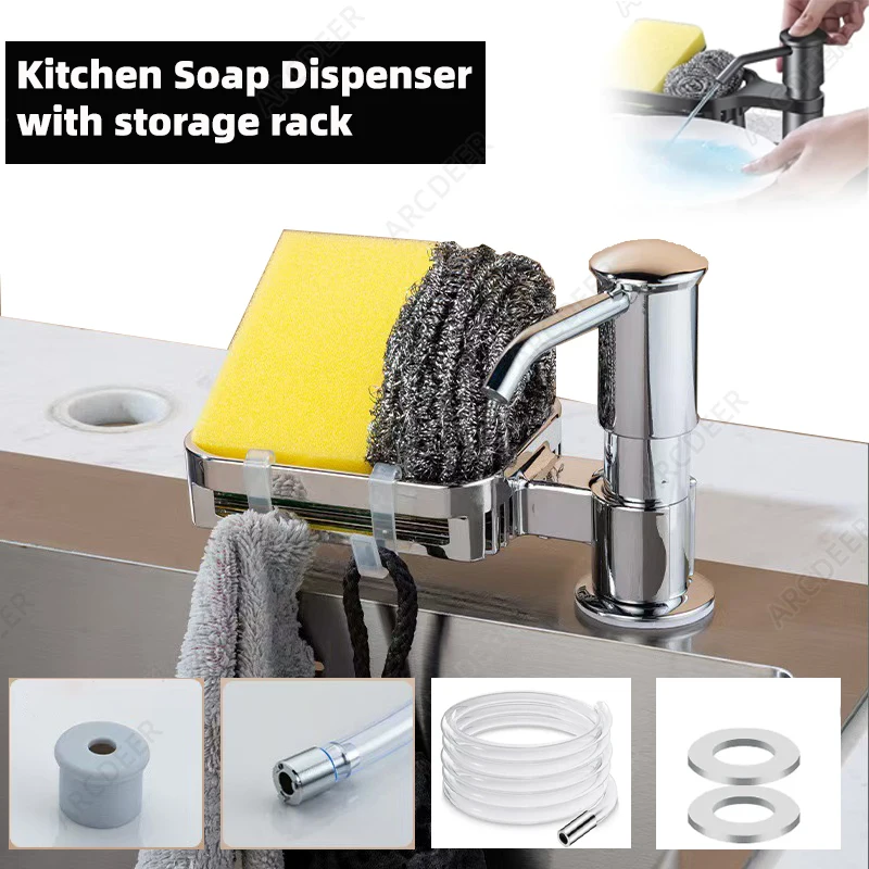 

Kitchen Sink Soap Dispenser Detergent with Storage Rack Hand Pressure Liquid Dispenser Extension Tube Kit Kitchen Accessories