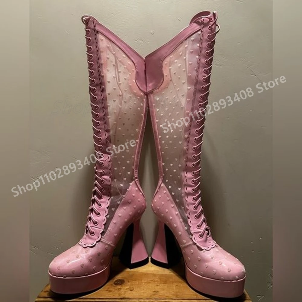 

Pink Heart-Shaped Hollow Strappy Mid Calf Boots Runway Chunky High Heel Fashion Sweet Sexy 2025 Summer Women Shoes Para Mujere
