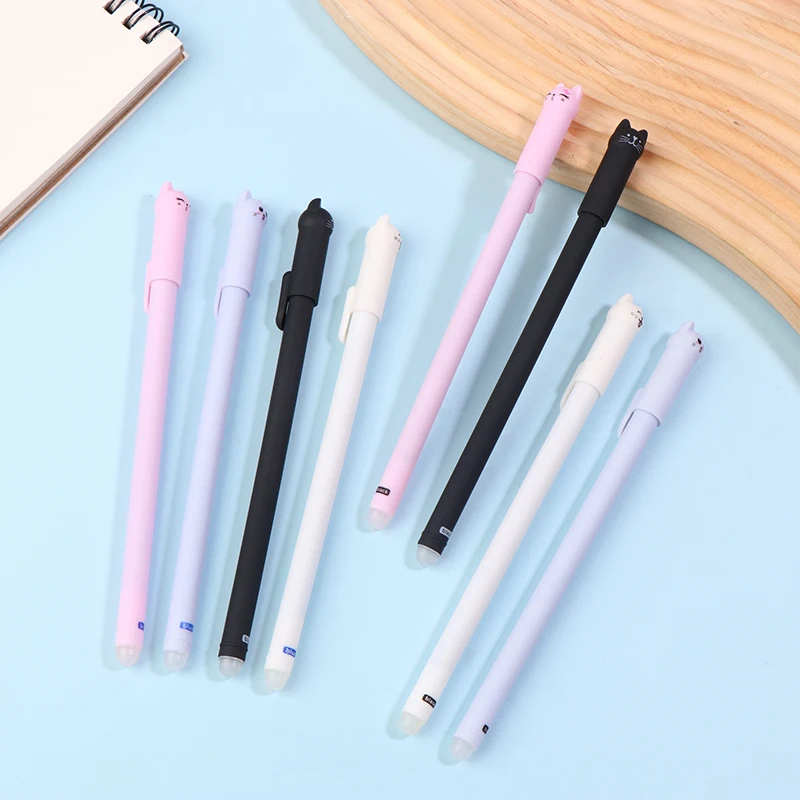 4 шт., набор креативных стираемых гелевых ручек для кошек, 0,5 мм, синие/черные чернила, стержень, канцелярские принадлежности для письма