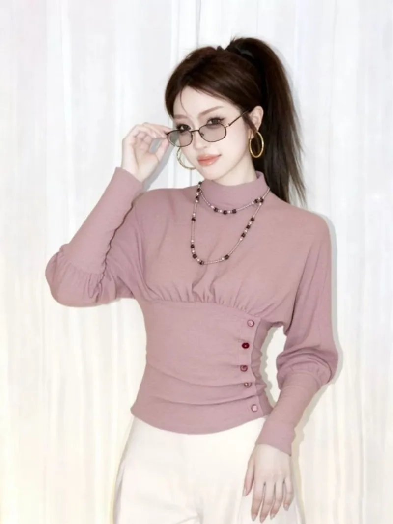 Kimotimo Fashion Long Sleeve Top Women Autumn New Stand Collar Slim Button Waist Design T-shirts Vintage Y2k Aesthetic Chic Tees