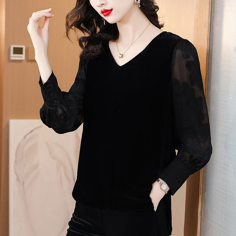 2024 Black Velvet Patchwork Print Casual Blouses Women Elegant Chic Loose Top Coats Autumn Winter Long Sleeve Festival Top Shirt