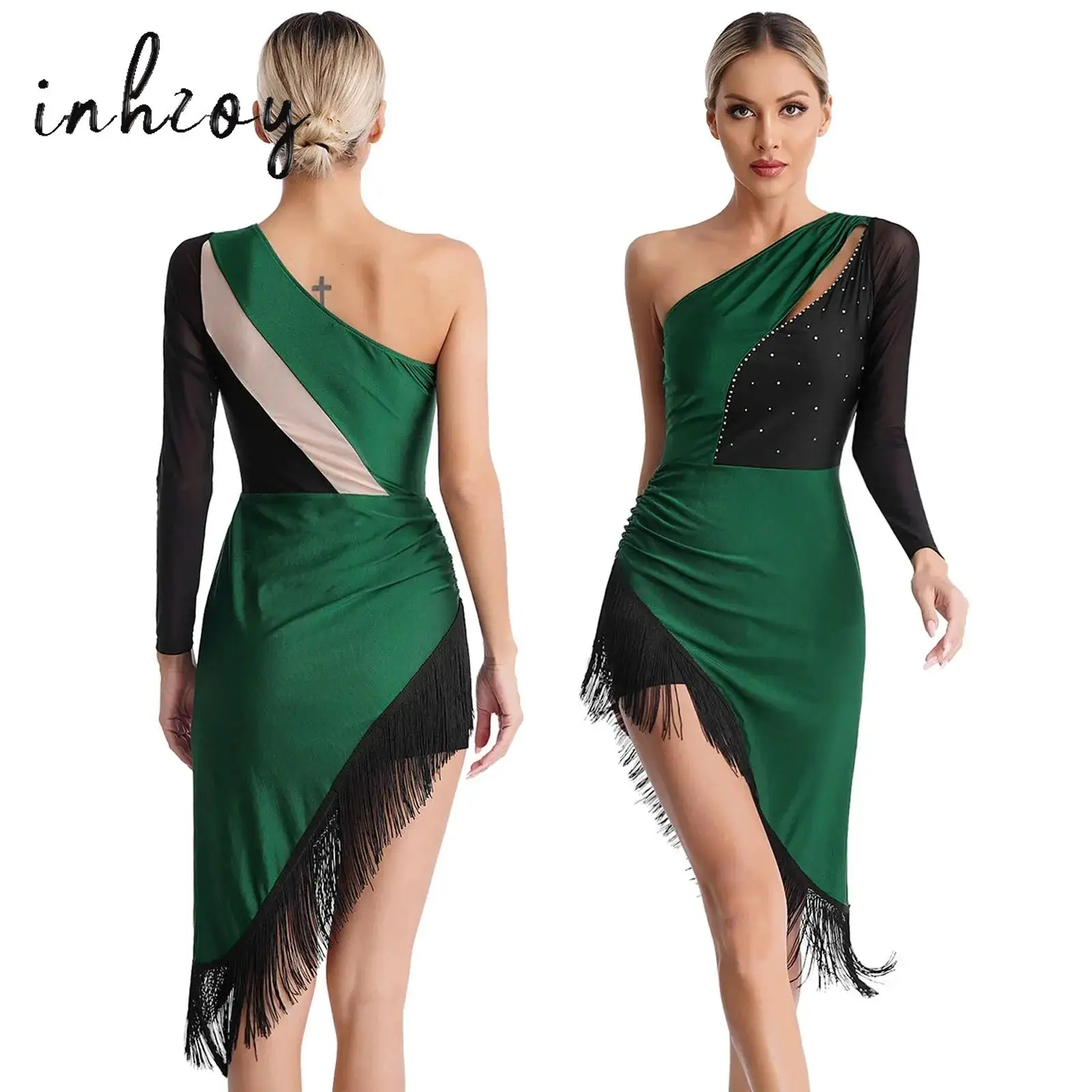 

Women Latin Dance Outfit Rhinestone Mesh Splice Figure Ice Skating Fringed Gymnastics Leotard Dress Rumba Cha-Cha Dancewear