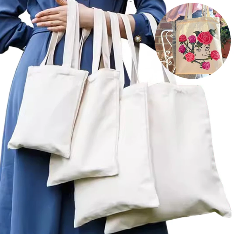 Large Capacity Canvas Shoulder Handbag Folding Eco-Friendly Cotton Tote Bag Reusable DIY Painting Shoulder Bag Grocery Bag Beige