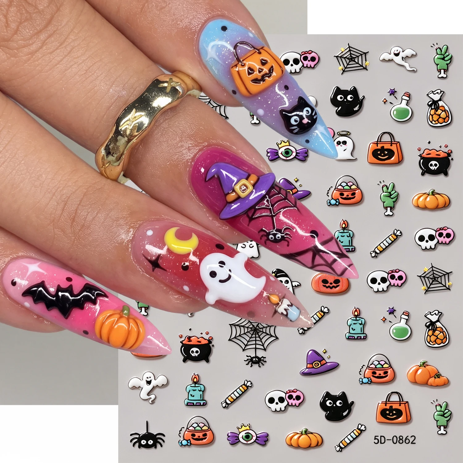 5D Halloween Embossed Cute Ghost Pumpkin Nail Art Stickers Relief Ghost Flower Self-Adhesive Nail Decals DIY Manicure Decoration