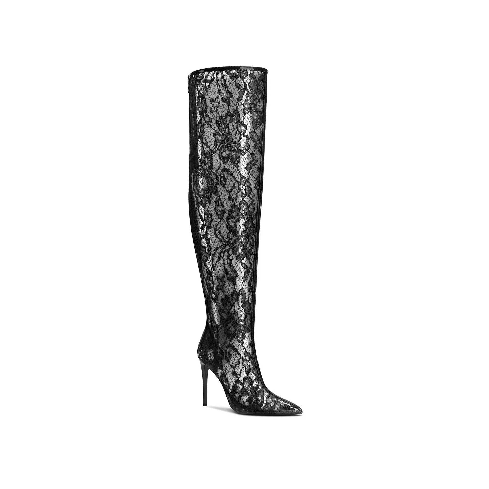 Sexy Floral Lace Over The Knee Boots Woman Blue Red Black Translucent Lace Thigh Boots Pointed Toe High Heel Flower Lace Boots