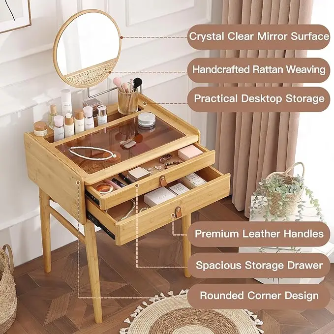 Makeup Vanity Desk, Modern Small Dresser with Adjustable-Angles Mirror & 2 Storage Drawers, Small Space, Bedroom, Wood