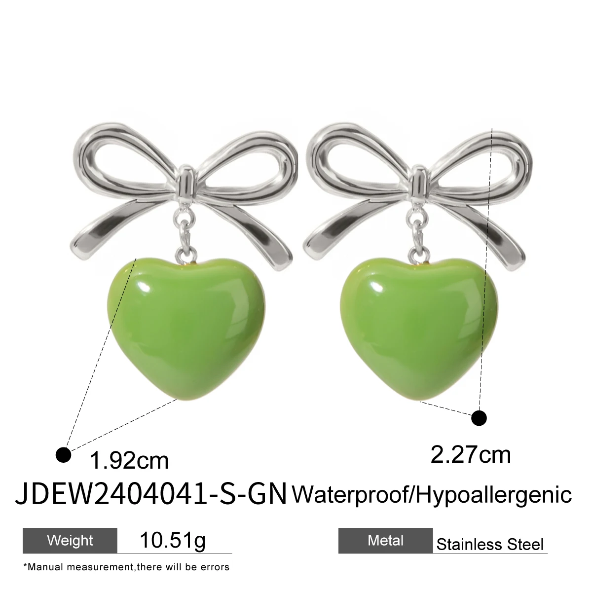 Kolczyki z kokardką w kolorze stali nierdzewnej, wiszące, zielone serce z kroplami olejuZapobiegaj alergiom Romantyczna codzienna biżuteria Bijoux