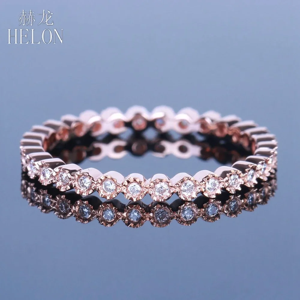 HELON Vintage Full Eternity Round Natural Diamond Wedding Band Solid 14K Rose Gold Engagement Ring Matching Band for Women Gifts