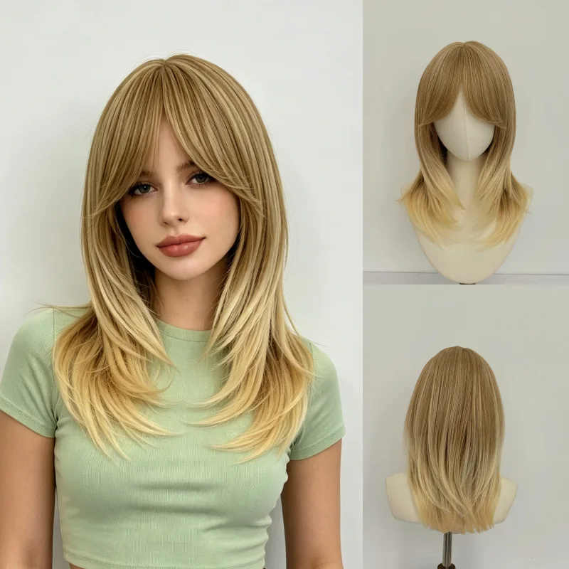 AliExpress cross-border French-style wig with side-swept bangs, featuring a deep-rooted, light golden ombre effect, layered desi