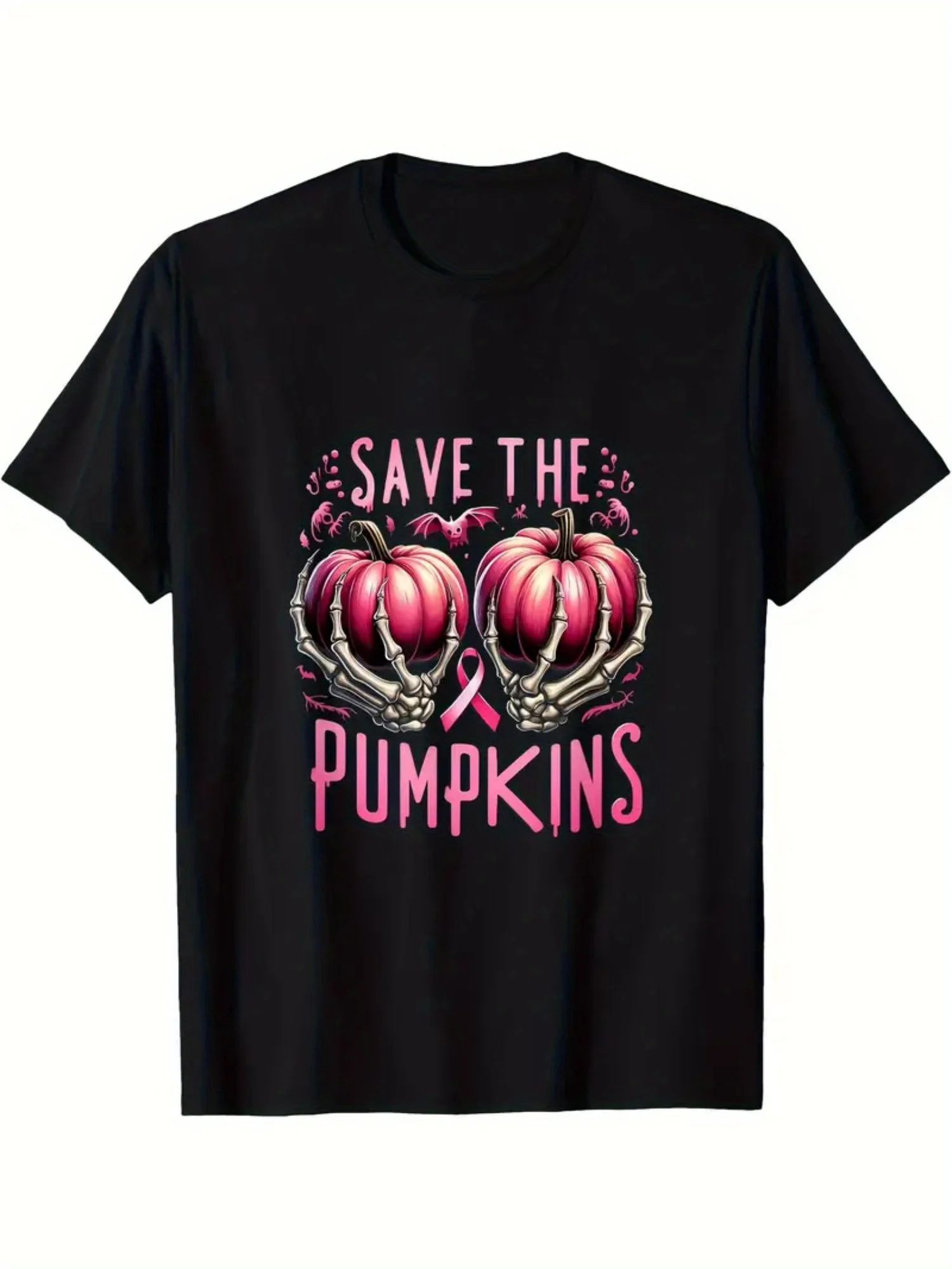 Men'S & Women'S Breast Cancer Survivor T-Shirt - Save The Pumpkins Pink Ribbon & Pumpkin Design, 100% Ultra-Soft Round Neck Short Sleeve, Casual & Running Fit, Funny Halloween & Cancer Awareness Apparel, Pink & Black Geometric Print