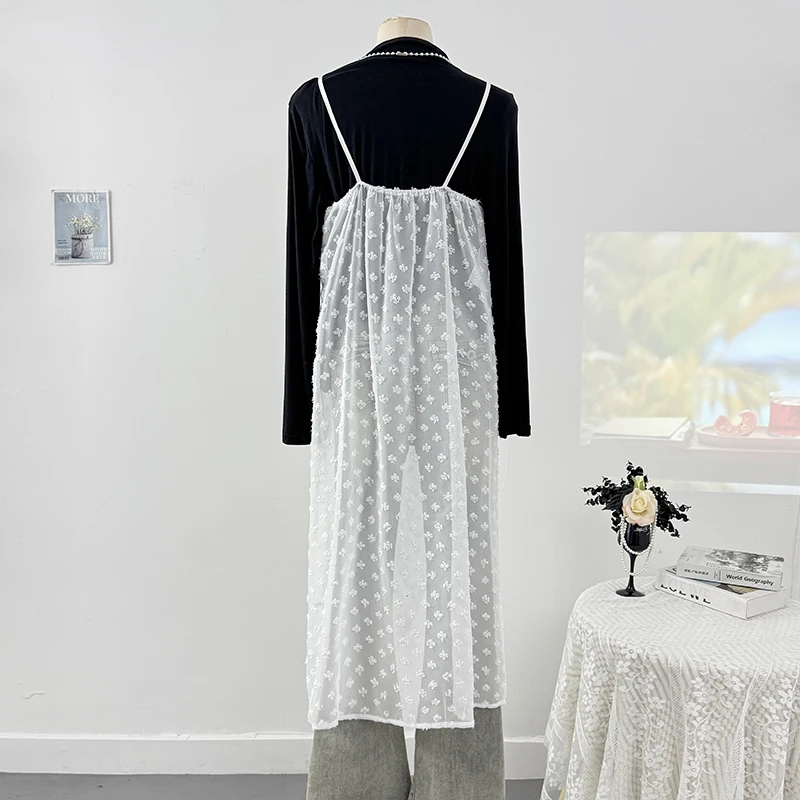 Korean Style Jacquard Suspender Dress Women 2025 Spring Sleeveless Sheer Overlap Split Mid Length Dresses Fashion Robe