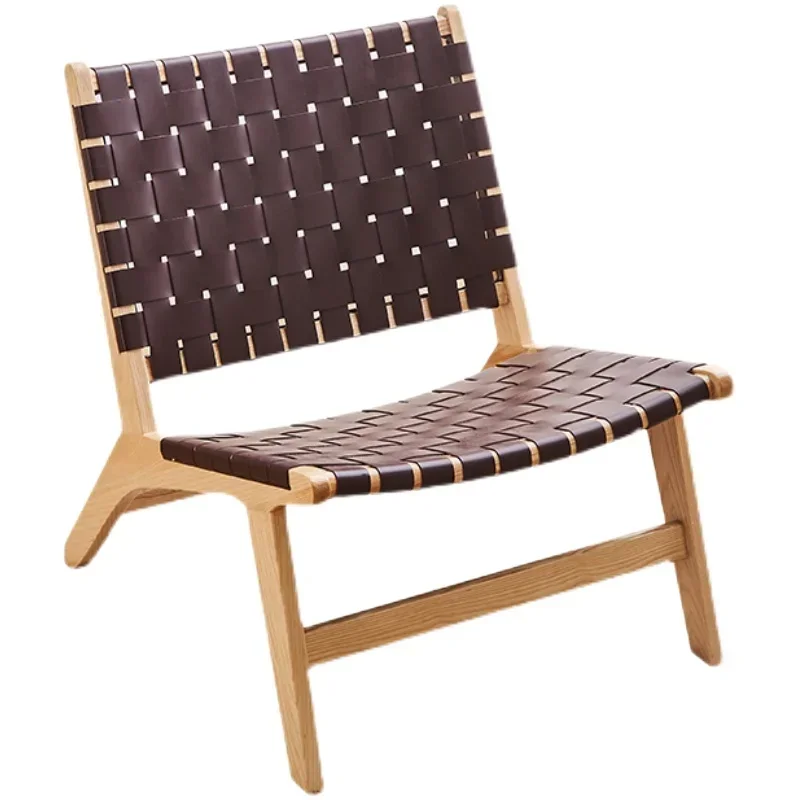 Nordic Japanese style lounge chair Solid wood saddle leather woven single person sofa Designer homestay lazy person chair Balcon