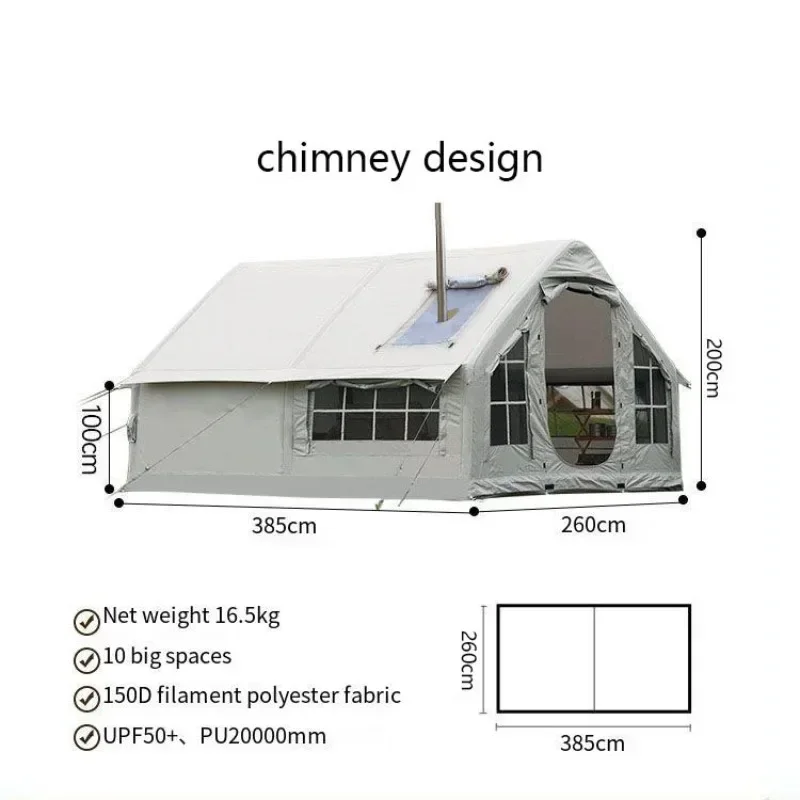 Inflatable camping tent 10 square meters large space for 6-8 person Chimney design rainproof easy set up no need to build