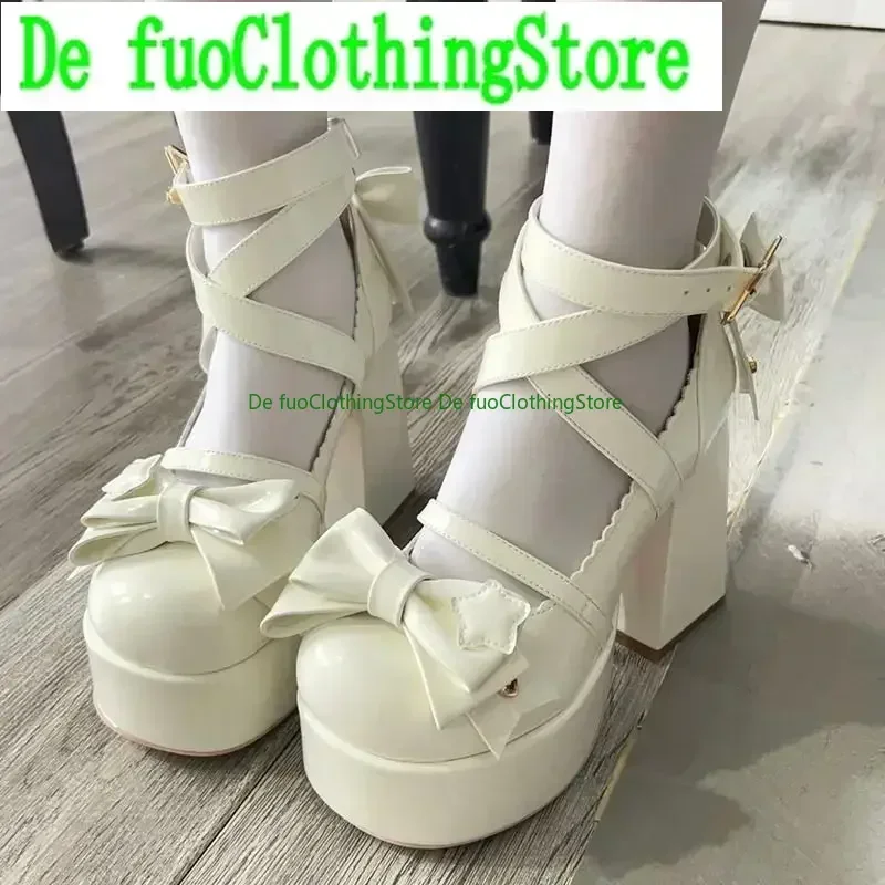 Lolita Schoenen Vrouwen Hoge Hakken Schoenen Vrouw Dikke Sandalen Zomer Mary Janes PU Lederen Schoenen Retro Boog Party Platform Pompen