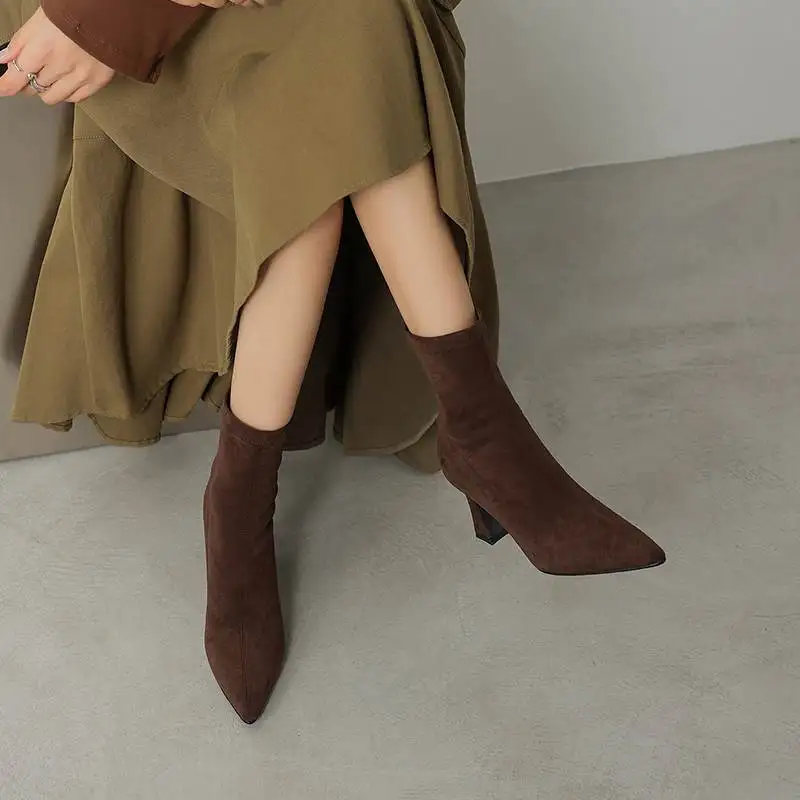 Flock Thick High Heels Pointed Toe Modern Fashion Boots Keep Warm Winter Autumn Shoes Slip On Brand Women Elastic Ankle Boots