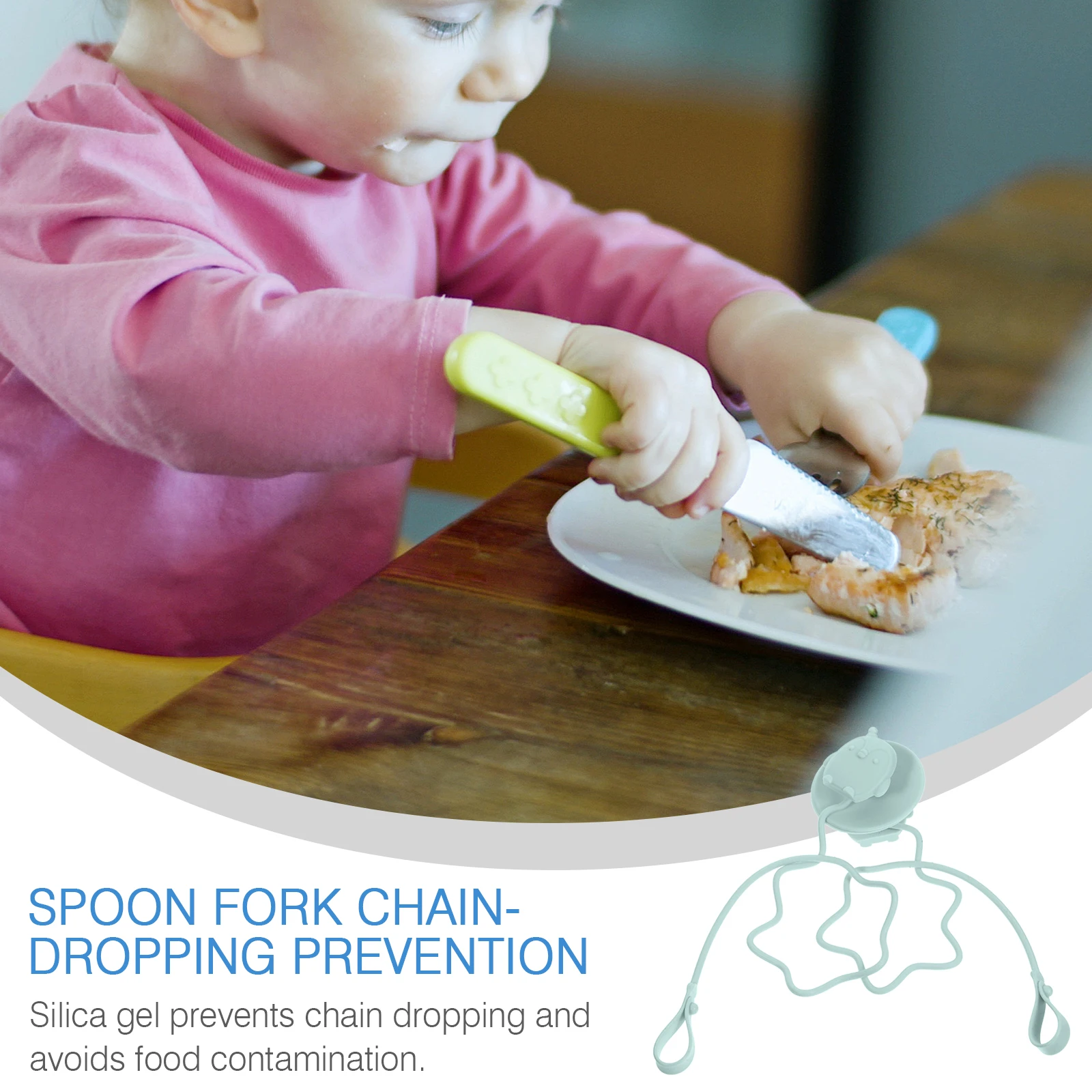 

Stainless Steel Training Spoon Fork Blue Silicone Holder Strap Anti Drop Utensils Baby Feeding Accessories Infant Dining