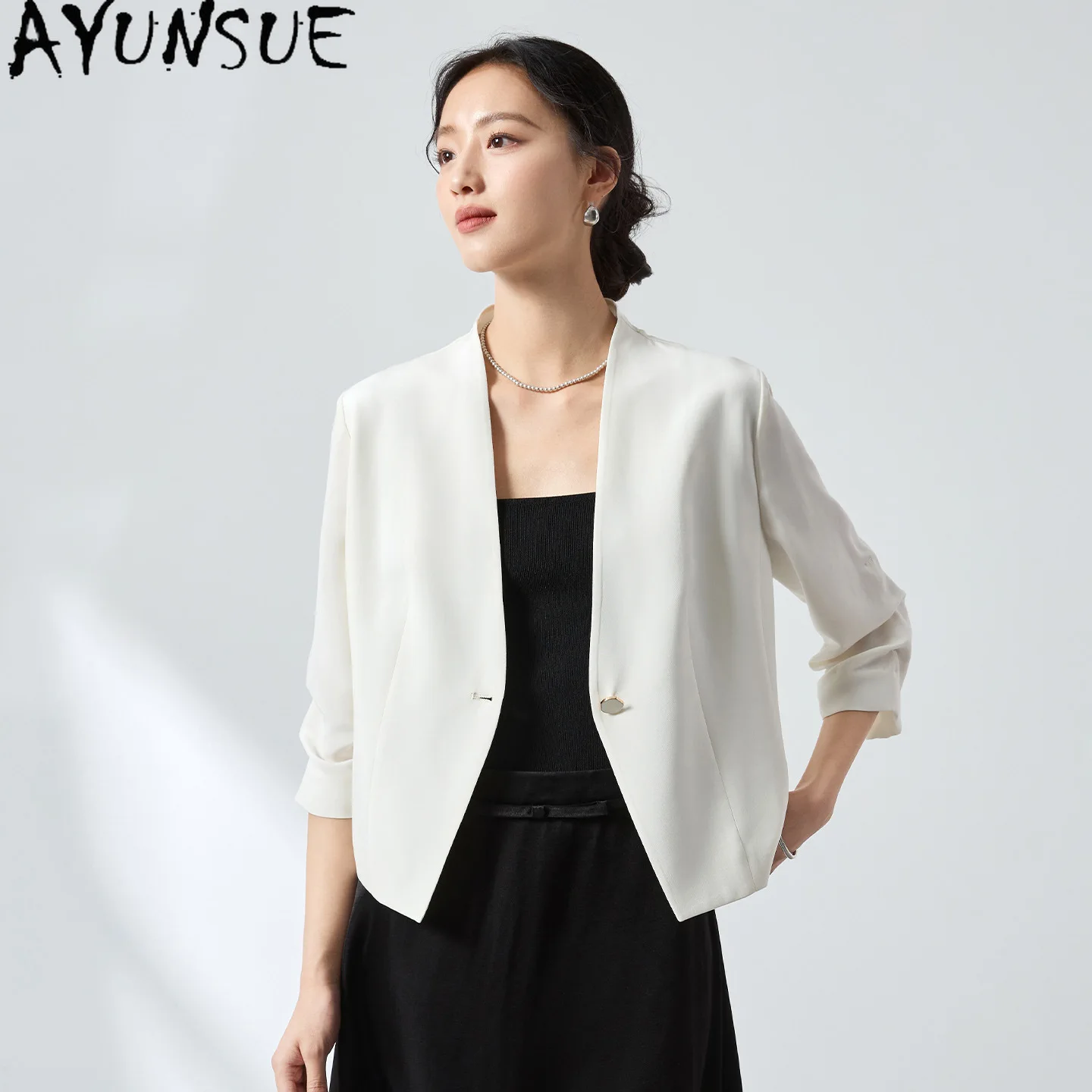 AYUNSUE 41.1% Mulberry Silk Tops for Women Commuting Style Woman Tops Autumn Clothing Short Slim Fit Suit Coats 2026 Ropa Mujer
