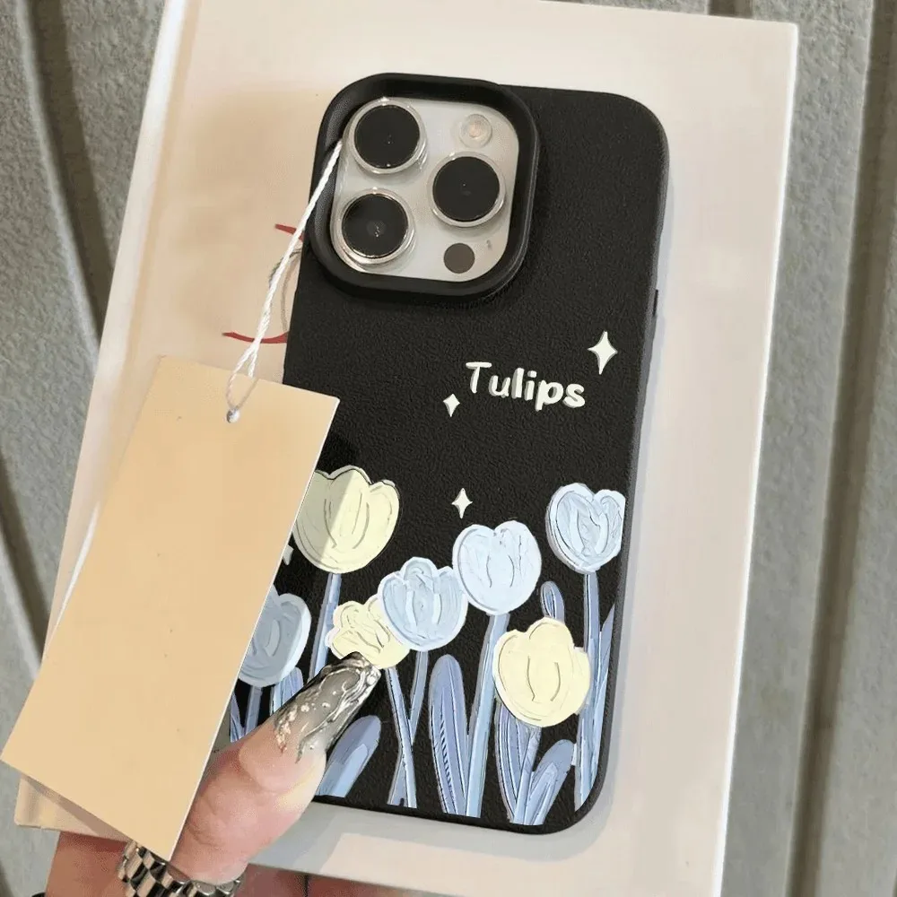 Tulip Flower Phone Case For iPhone 14 15 16 Pro Plus 11 12 13 Pro Max Shockproof Matte Candy Color Soft Leather Back Cover