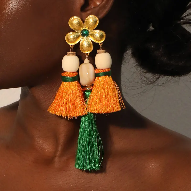 Statement-Ohrringe mit Blumen und Quasten, übertriebene Ohrringe, handgefertigt für Frauen, Hochzeit, Party, Schmuck, Kleid-Accessoires