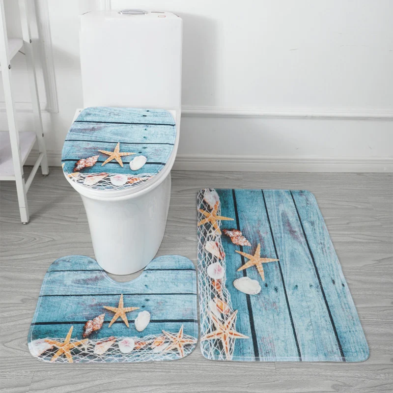 Bathroom Rugs Sets 3 Piece blue white sea world  Bath Mat Rug,Non-Slip Absorbent Bathroom Floor Mat,Fit Under Door,Easy to