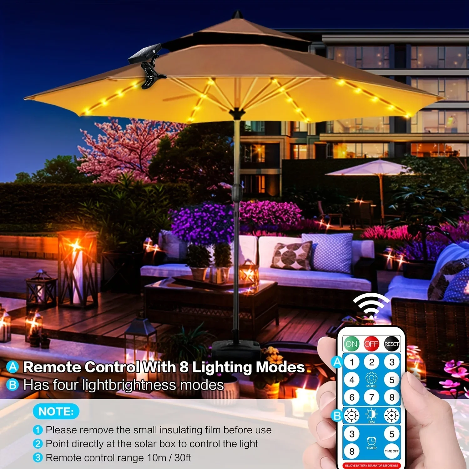 Imagem -02 - Solar Patio Umbrella String Lights com Clip Luz Impermeável para Iluminação ao ar Livre Deck Decoração de Festa de Jardim Modos