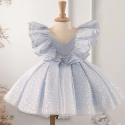 Vestido de princesa azul brillante para niña, traje de lujo con lazo, tutú, boda, fiesta de cumpleaños infantil, 2024